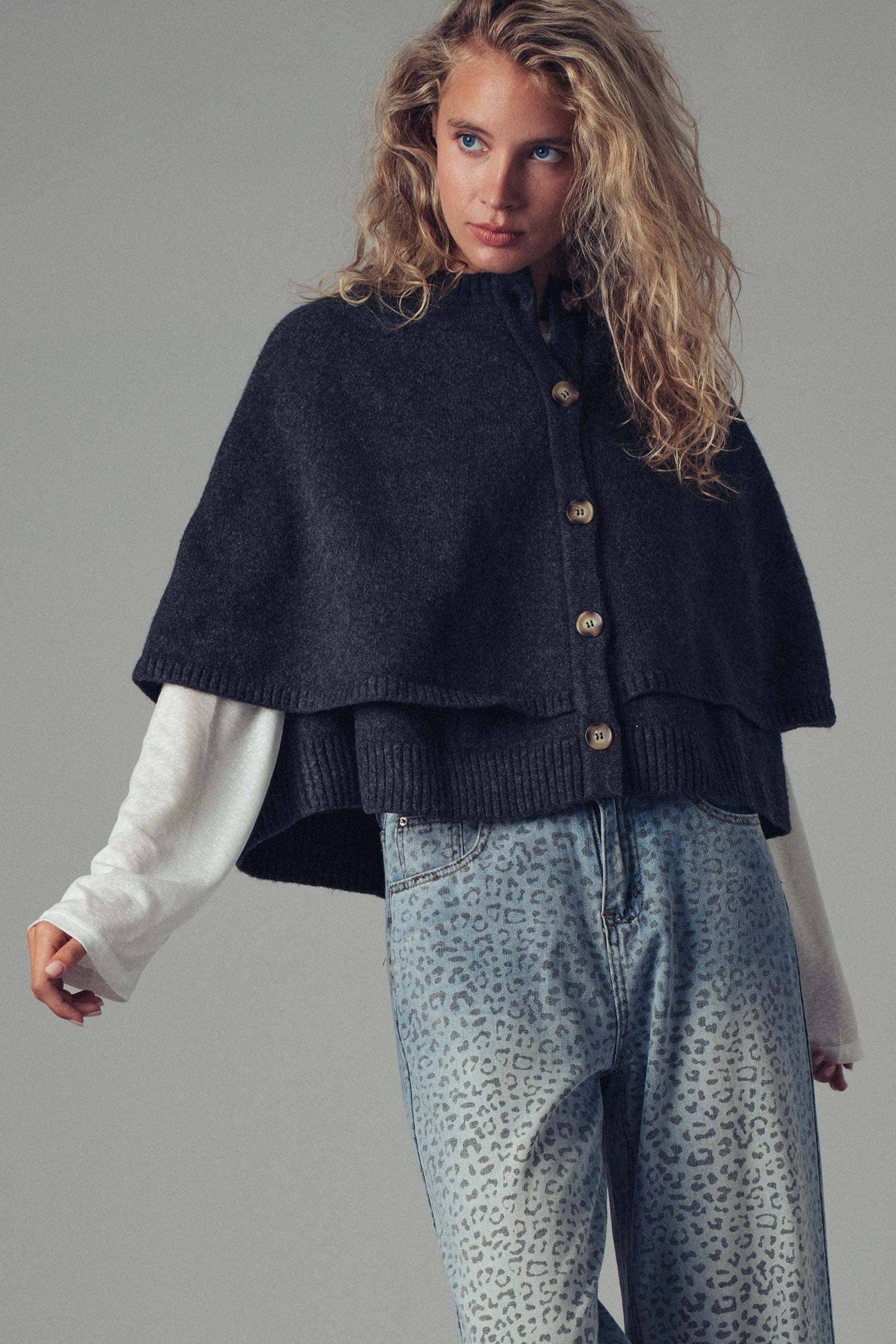 Chic Button-Front Wool Sweater Cape Layer