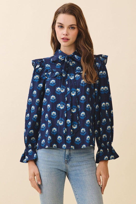 CT9682-Floral Print Ruffle Yoke Detail Button Down Blouse