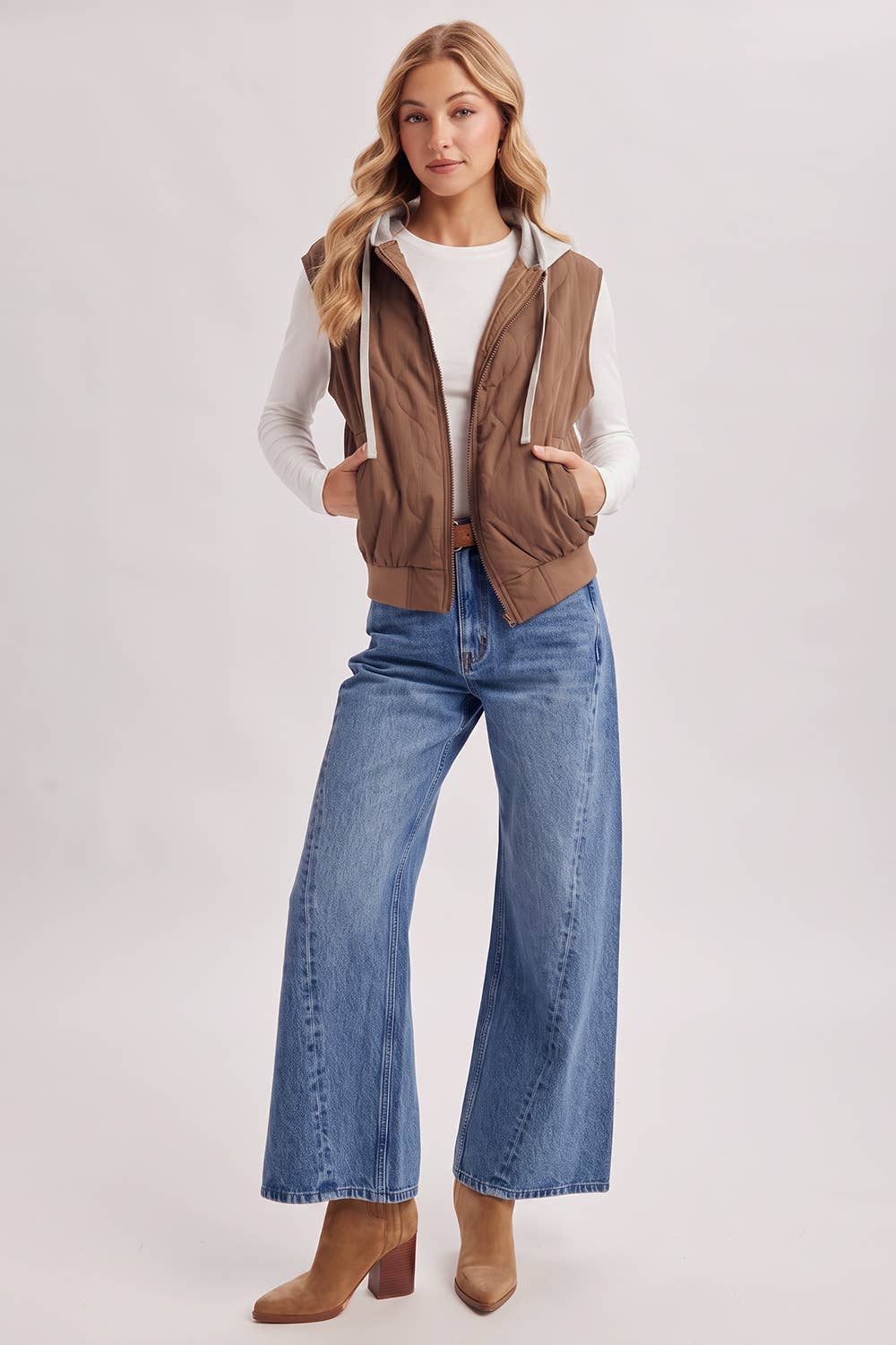 ZIPPER FRONT QUILTED PUFFER VEST CONTRAST HOODIE VEST