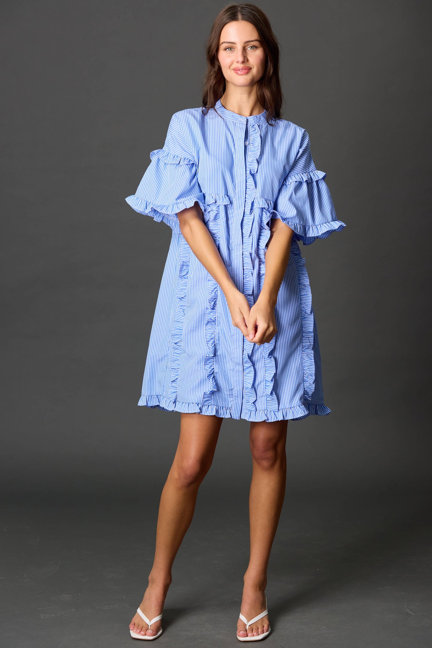 Blue Stripe Ruffled Detail Tunic Mini Dress