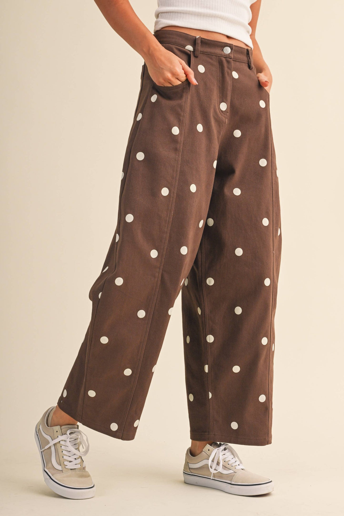 IP1390-C  POLKADOT STRETCH TWILL MID WAIST BARREL PANTS