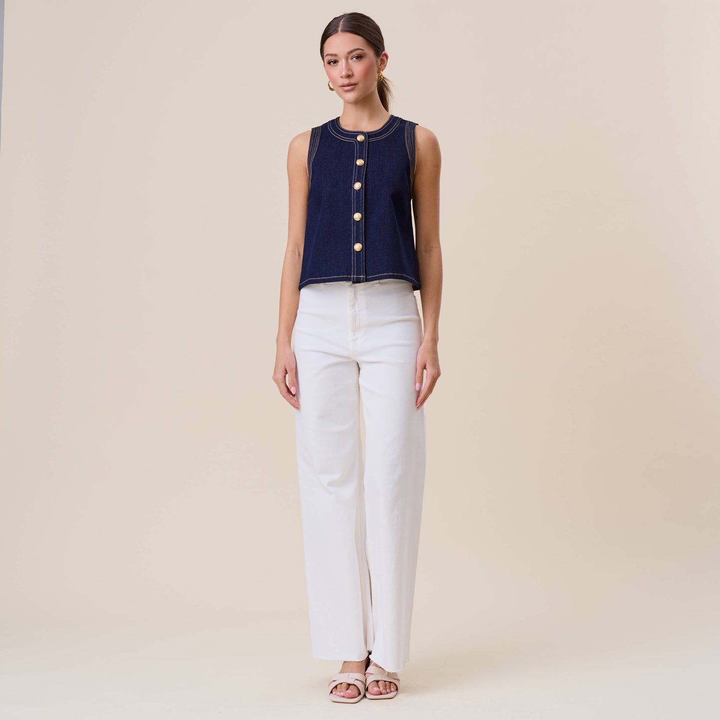 AT3044 Button stretch denim top