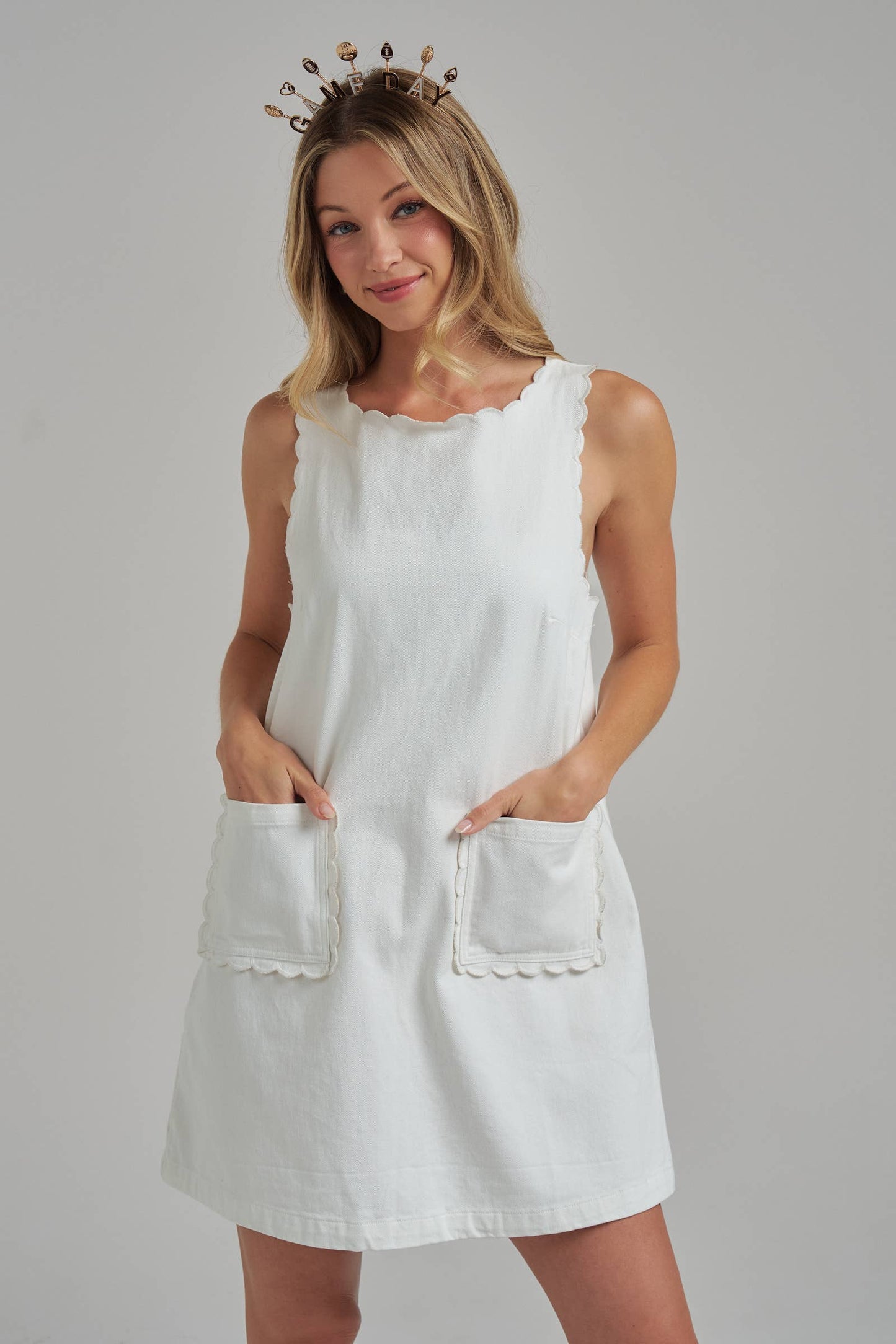 GAME DAY COLOR DENIM MINI DRESS WITH SCALLOPED EMBROIDERY