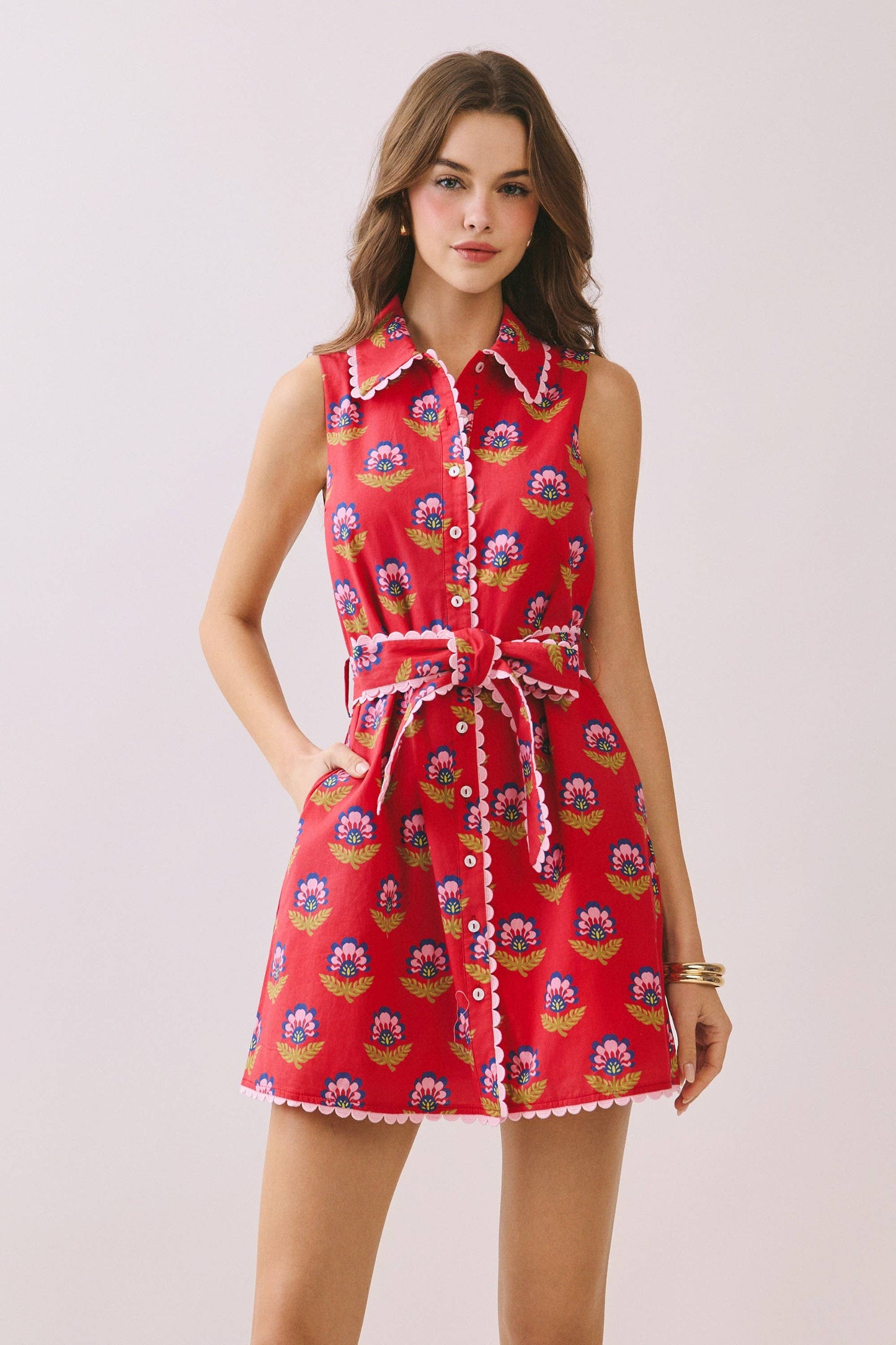 CD06056-Floral Print Contrast Scalloped Trim Detail Dress