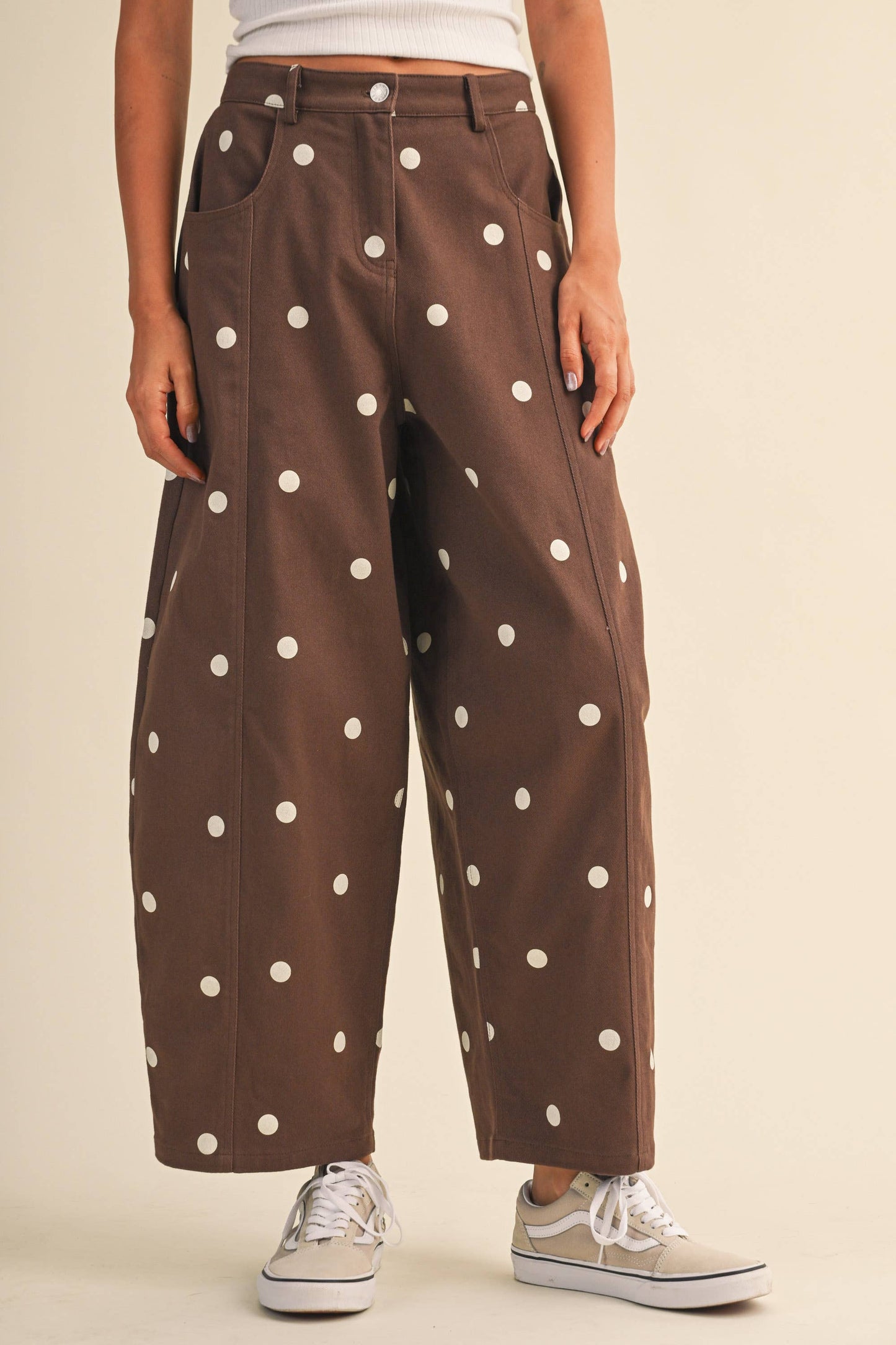 IP1390-C  POLKADOT STRETCH TWILL MID WAIST BARREL PANTS