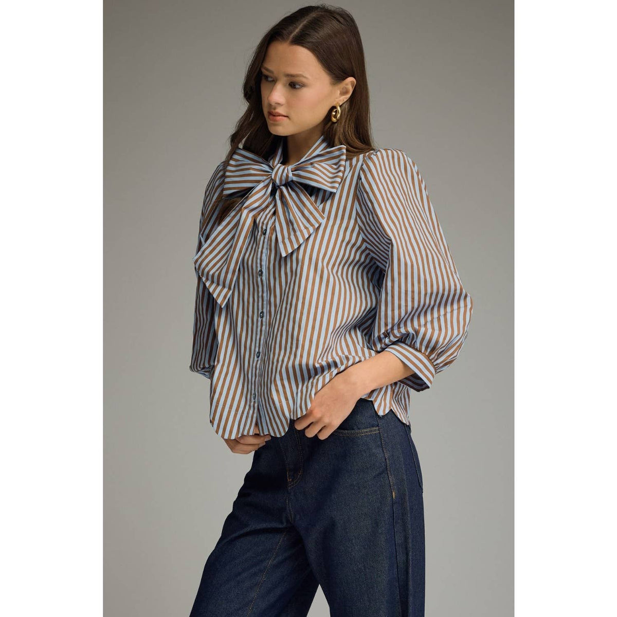 NEW Stripe self-tie neck 3/4 puff sleeve top