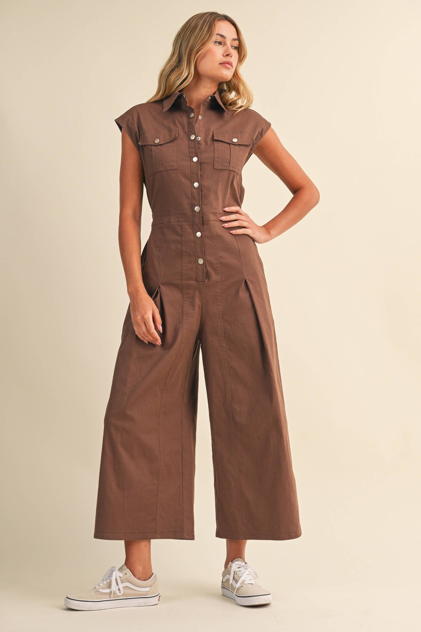 IJP3398 STRETCH COTTON TWILL WIDE LEG CROPPED JUMPSUIT