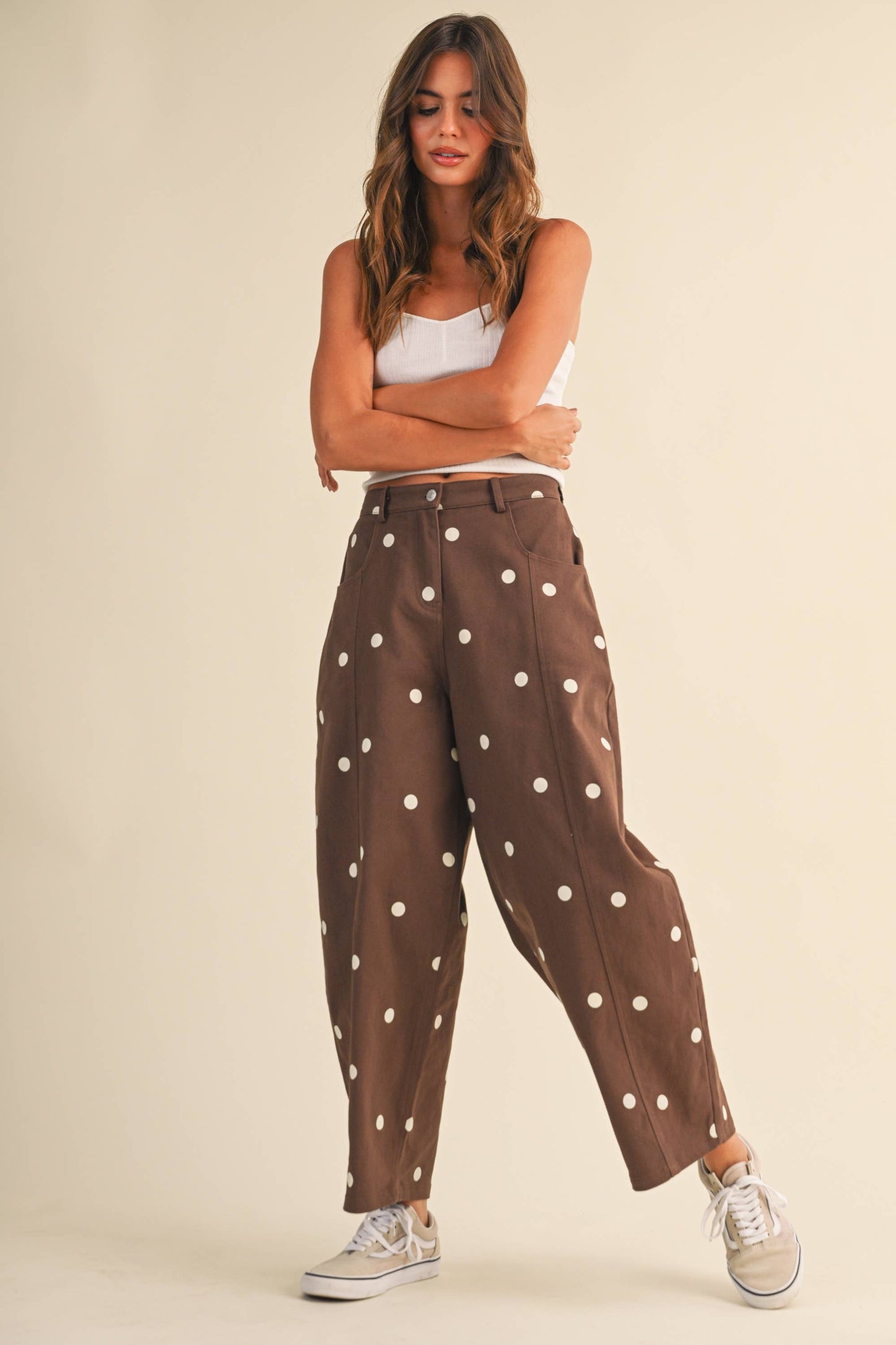 IP1390-C  POLKADOT STRETCH TWILL MID WAIST BARREL PANTS