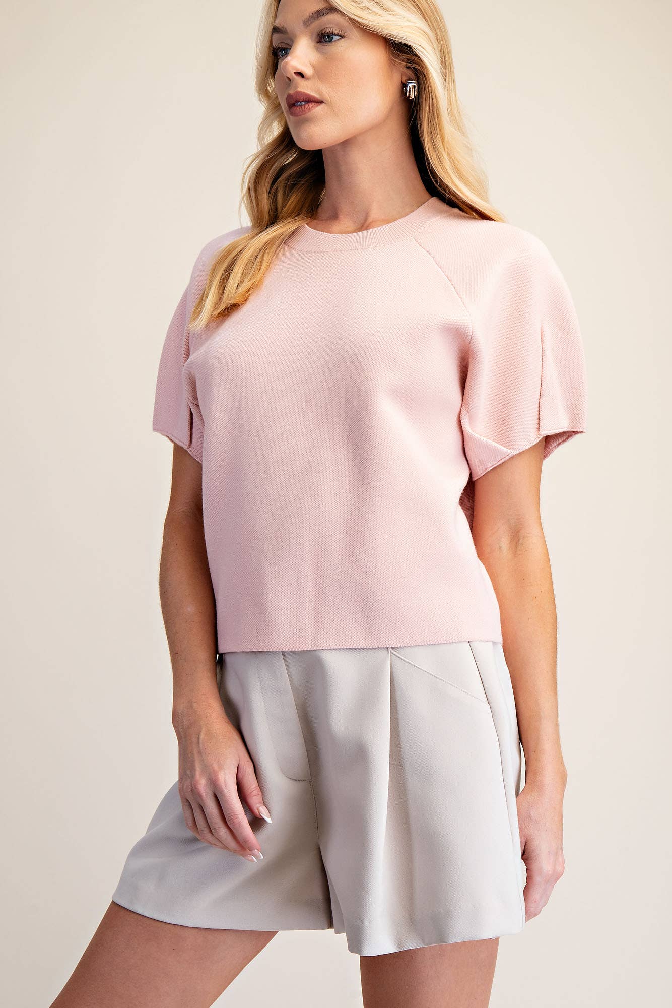 Round Neck Puff Short Sleeve Sweater Top