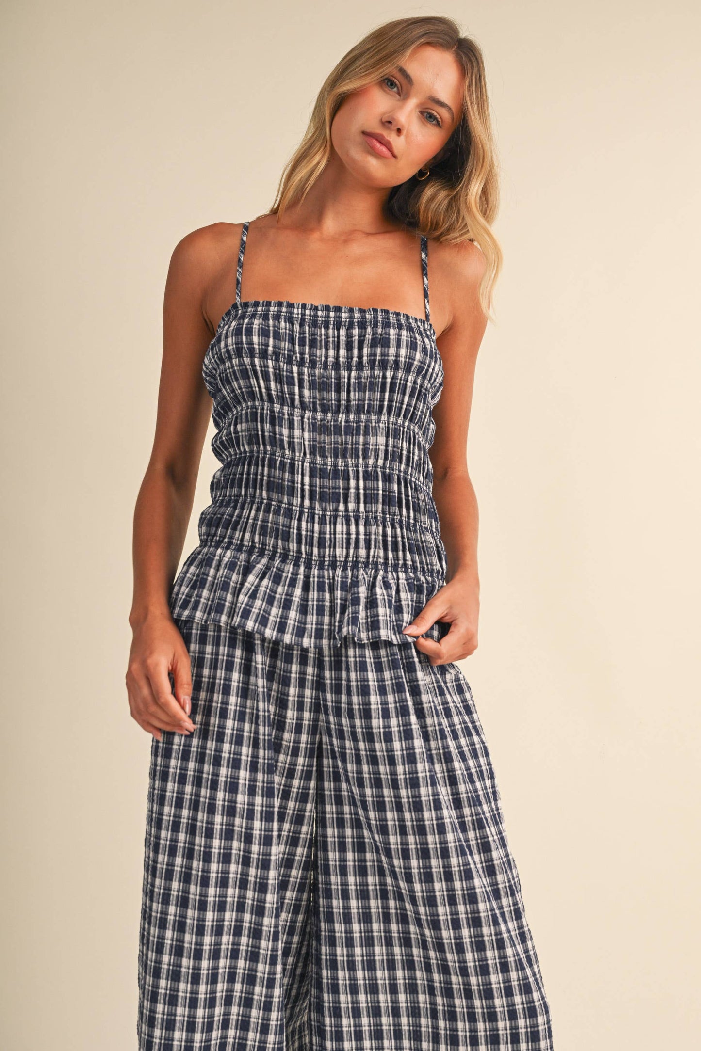 IJP3426-A  RUFFLED HEM SMOCKED TOP PLAID WIDE LEG JUMPSUIT