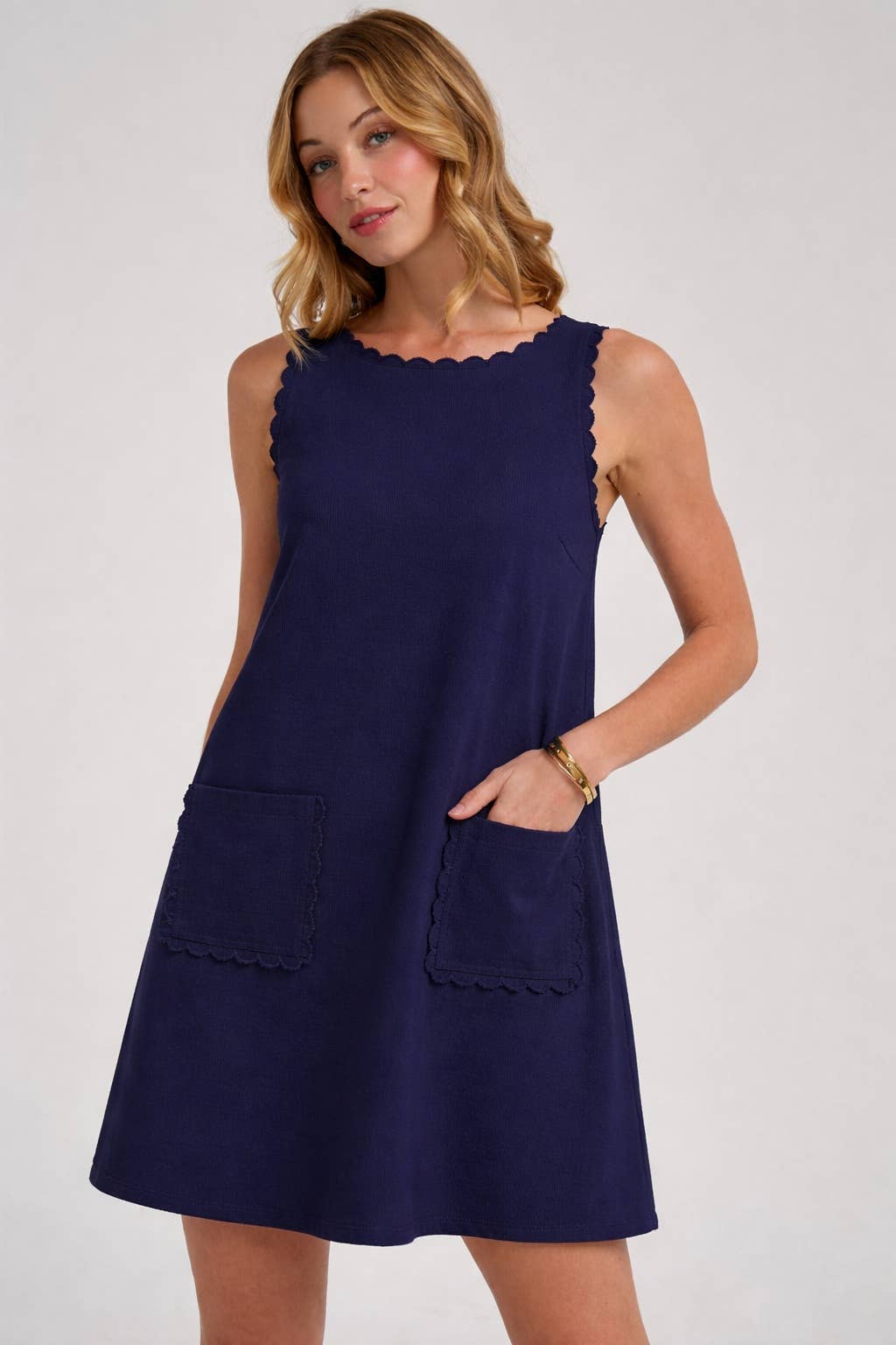 GAME DAY COLOR DENIM MINI DRESS WITH SCALLOPED EMBROIDERY