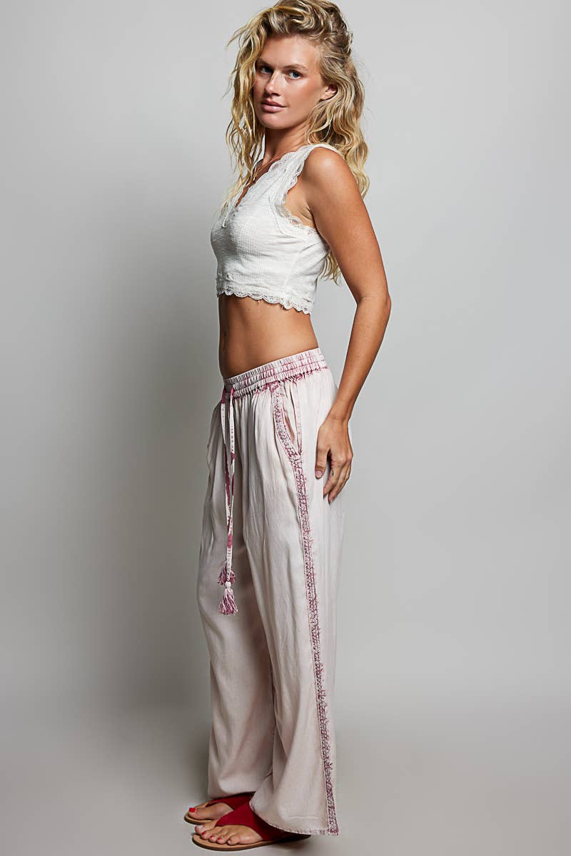 Vintage Washed Embroidered Trim Tassel Wide Leg Pants