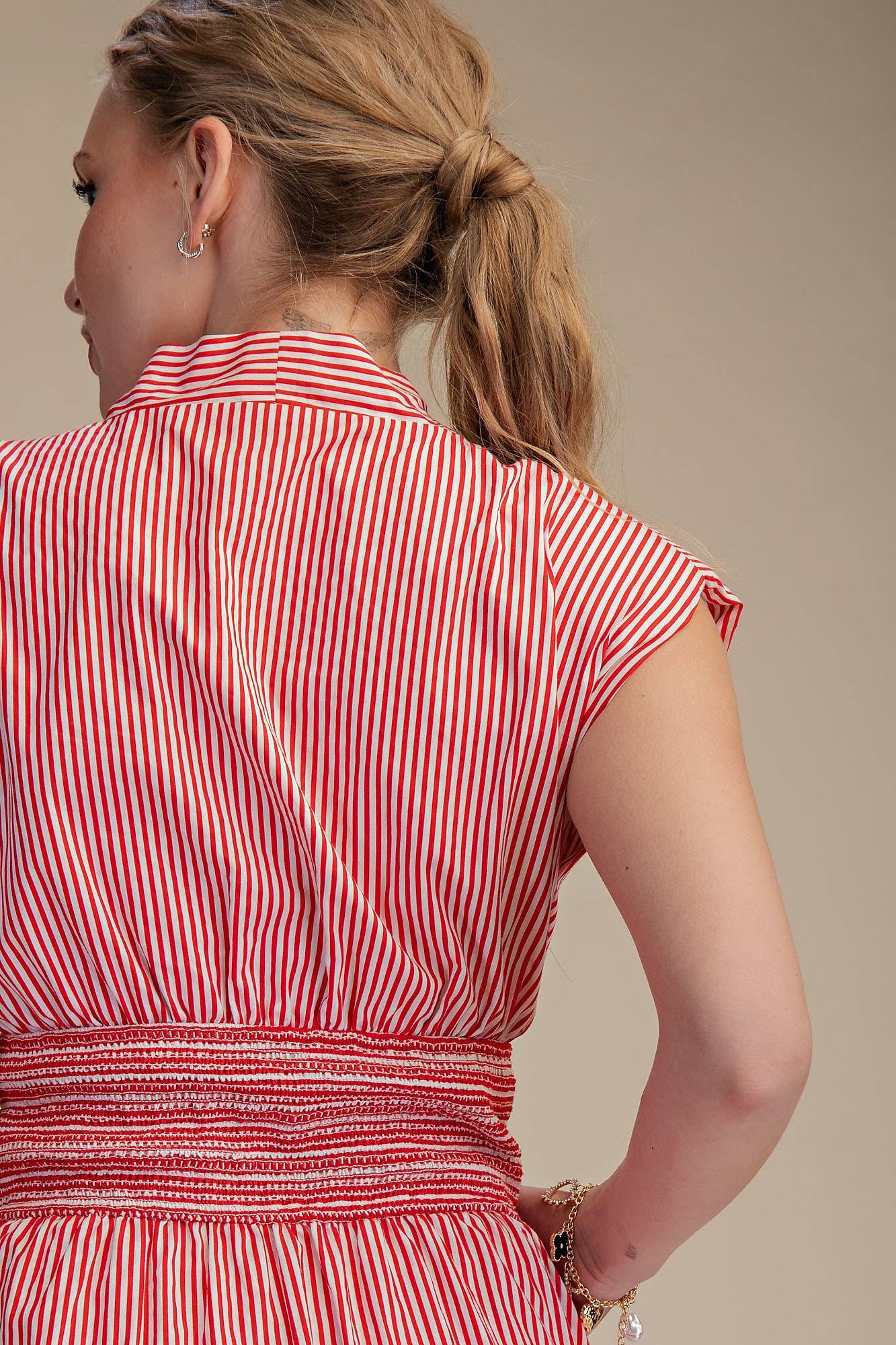 V-Neck Front Zip Waist Smocked Casual Midi Dress