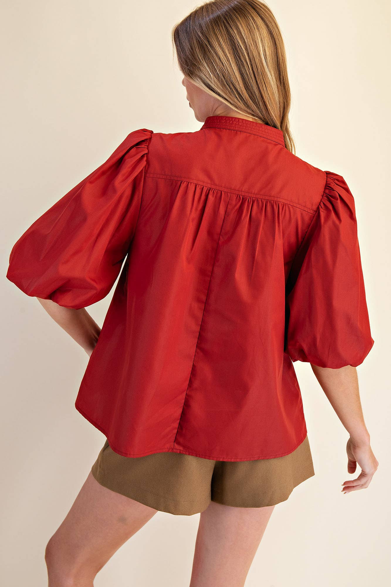 Mandarin Collar V-Neck Bubble Sleeve Poplin Top