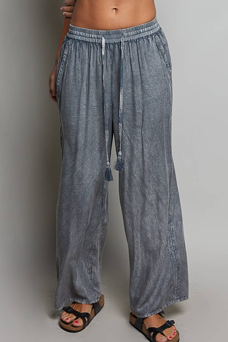 Vintage Washed Embroidered Trim Tassel Wide Leg Pants