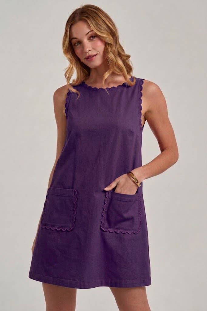 GAME DAY COLOR DENIM MINI DRESS WITH SCALLOPED EMBROIDERY