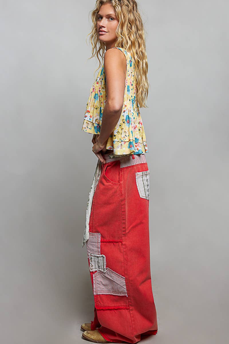 Stripe Patch High Rise Wide Leg Twill Pants