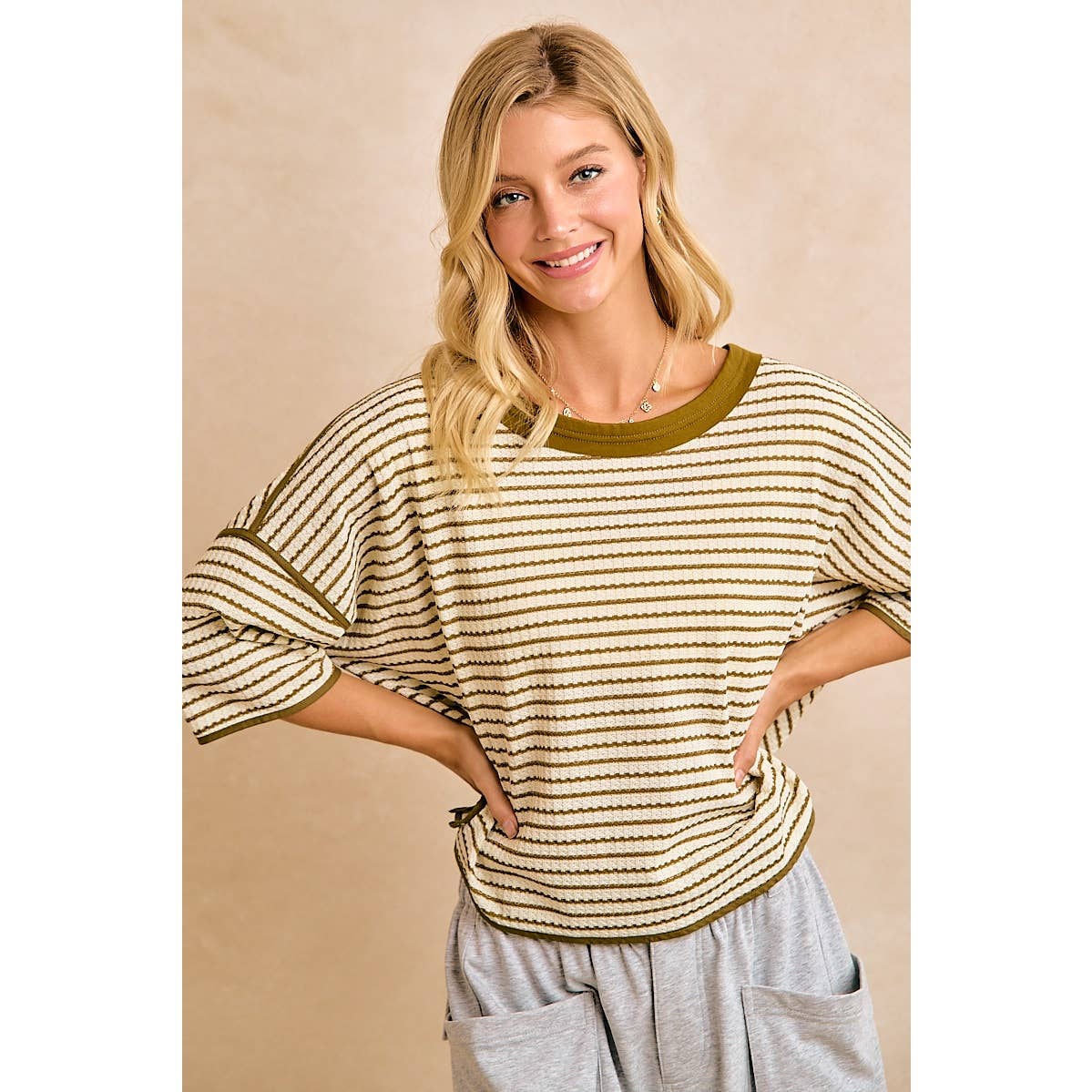 WAFFLE STRIPE WITH BINDING DETAIL RELAXED FIT TOP