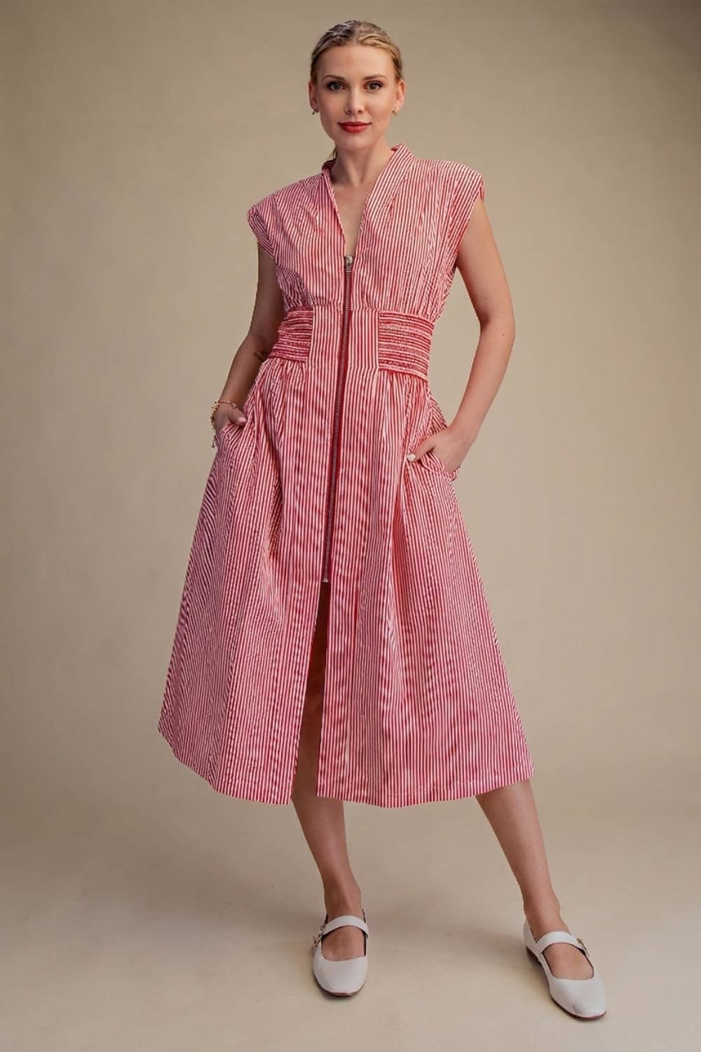 V-Neck Front Zip Waist Smocked Casual Midi Dress