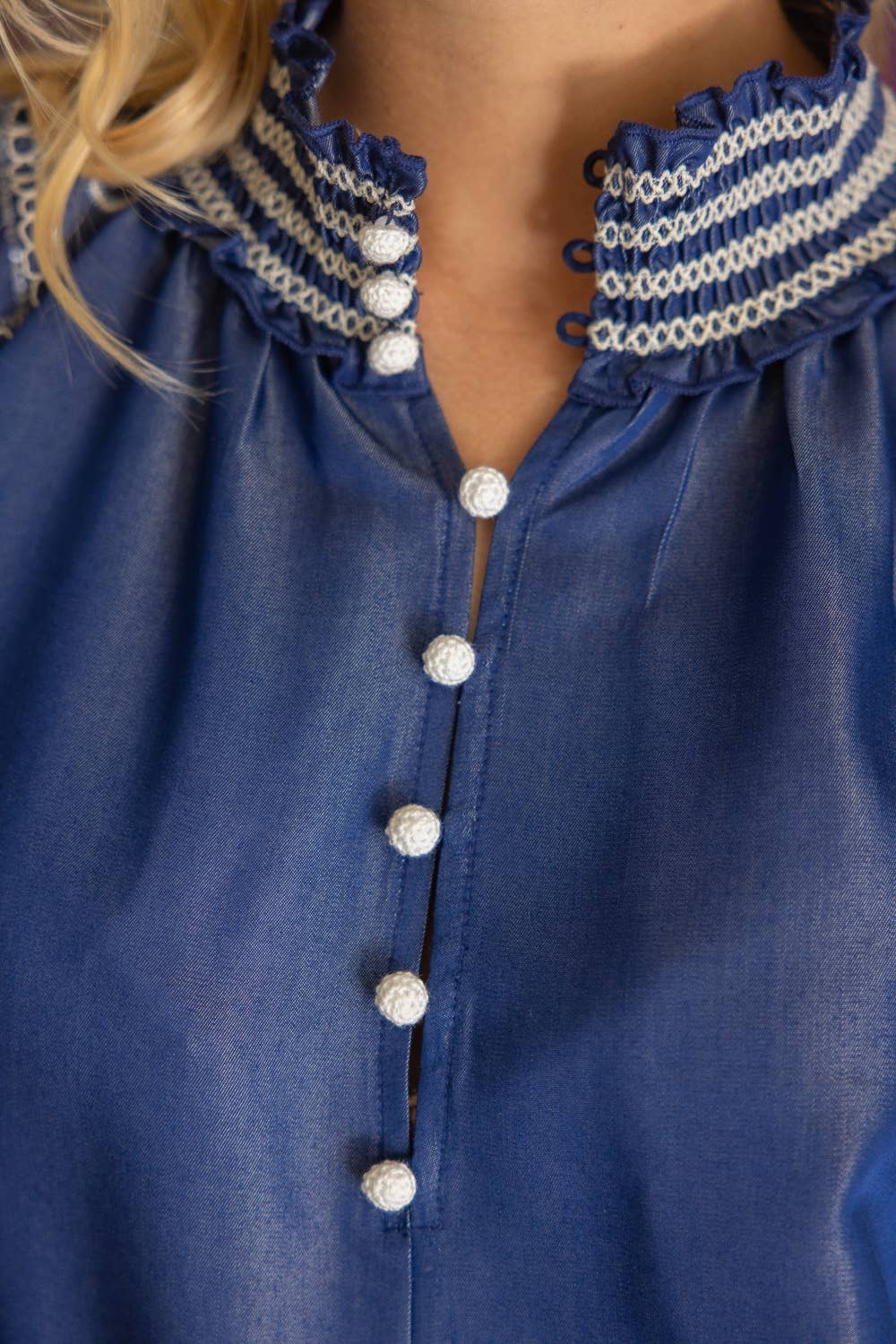 36640 Smocked Band Floral Embroidery Chambray Top