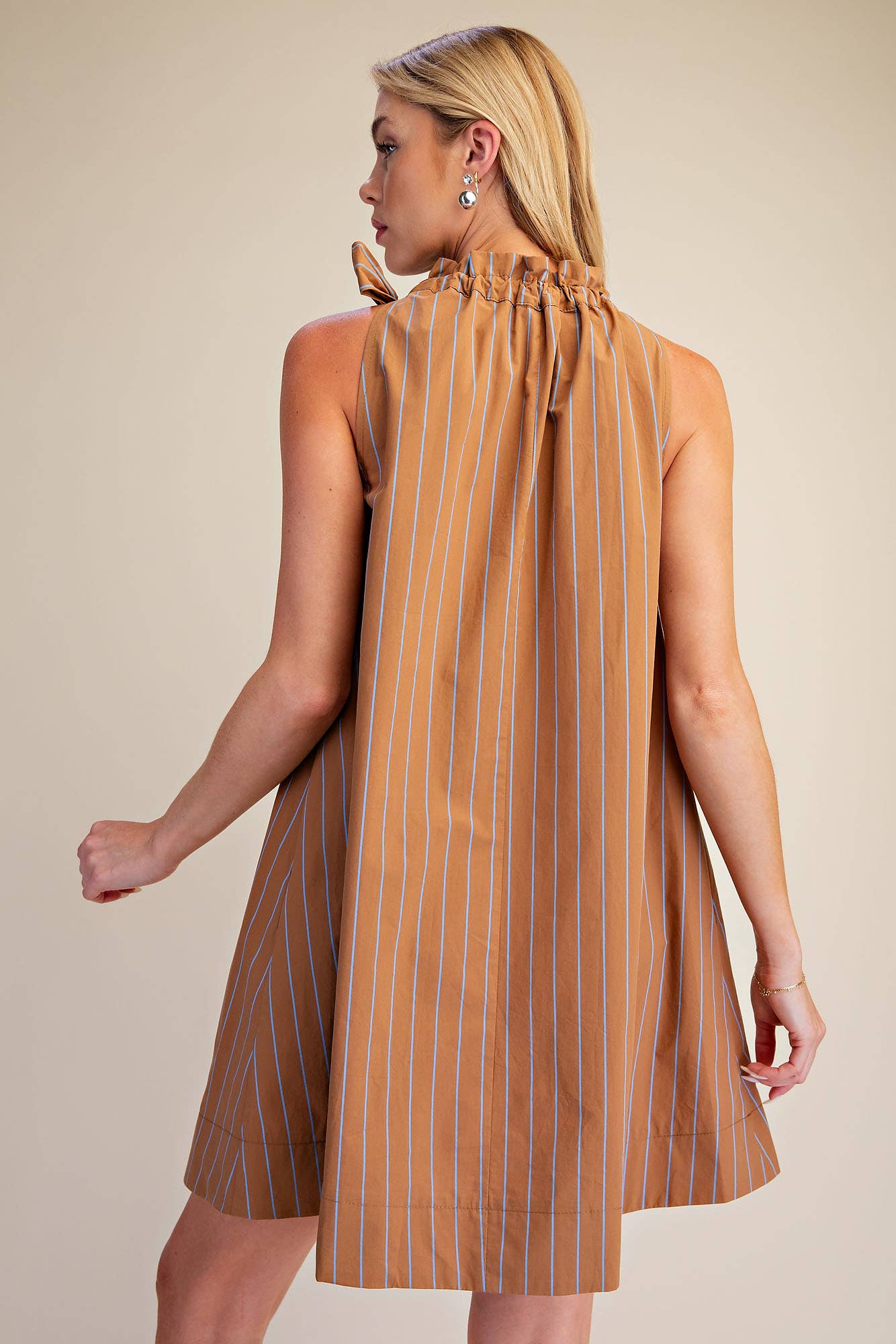 Stripe Mini Dress Ruffle Neck Adjustable Tie Sleeveless