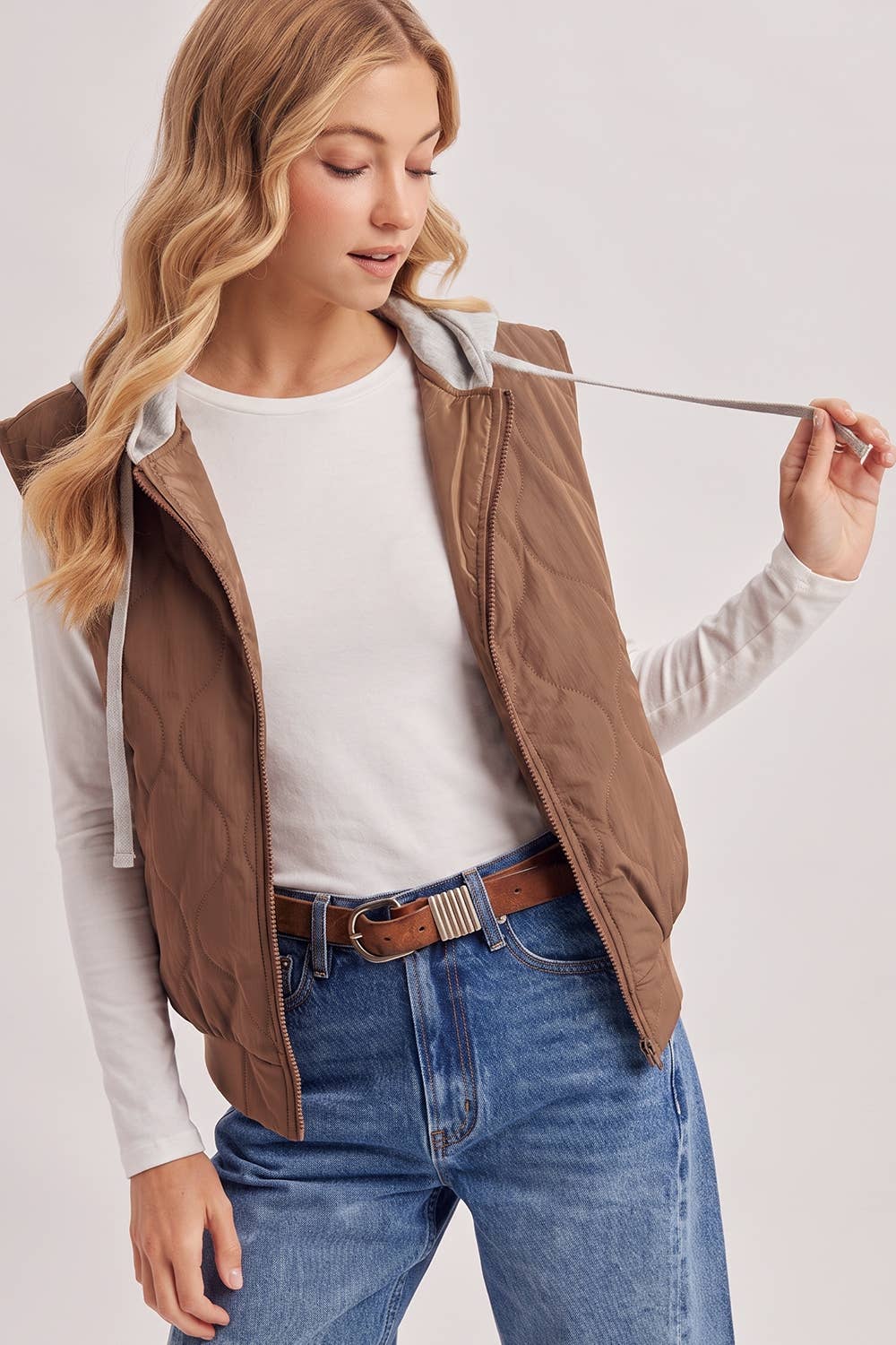 ZIPPER FRONT QUILTED PUFFER VEST CONTRAST HOODIE VEST