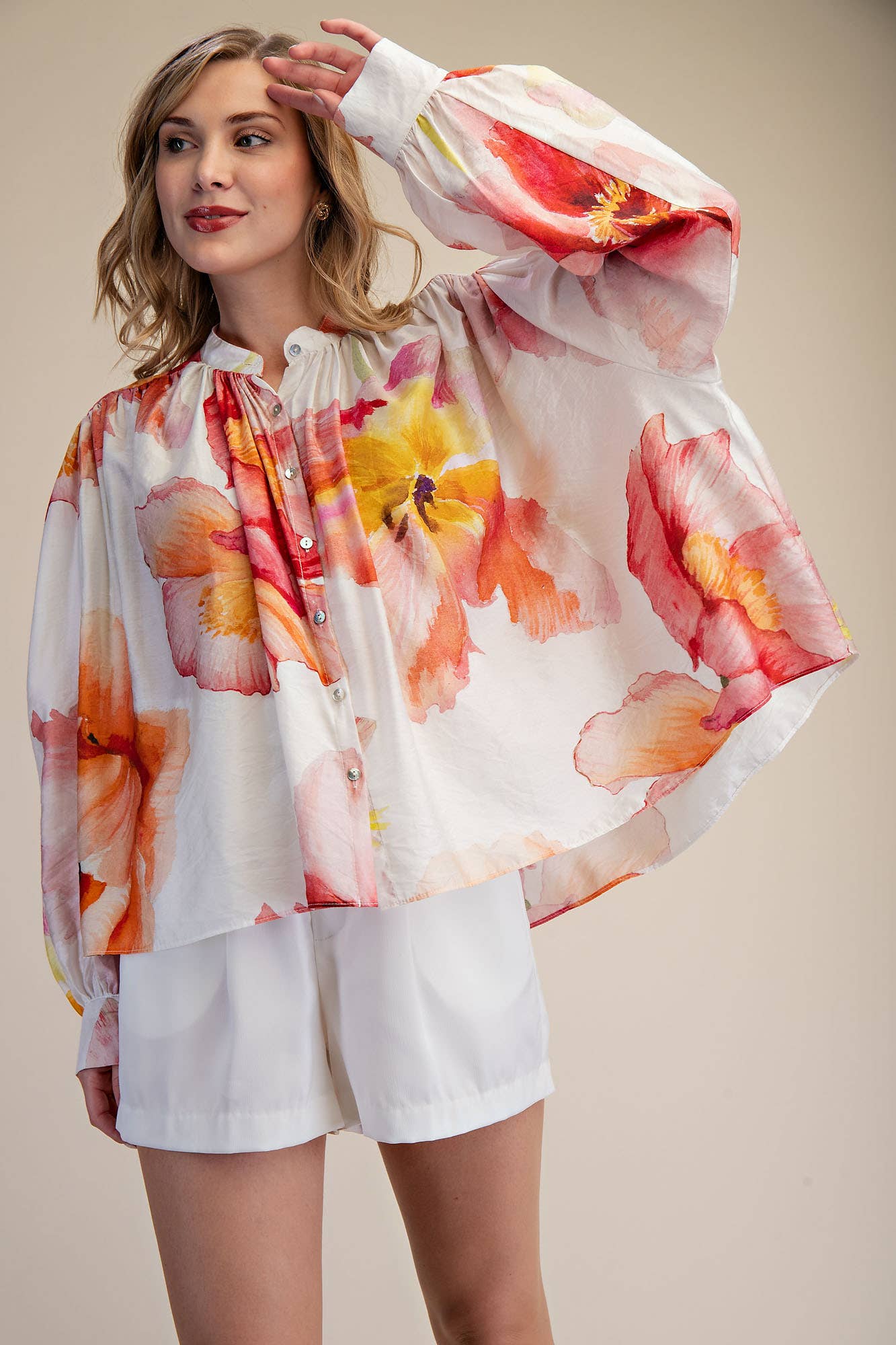 Neck Band Long Sleeve Voluminous Blouse