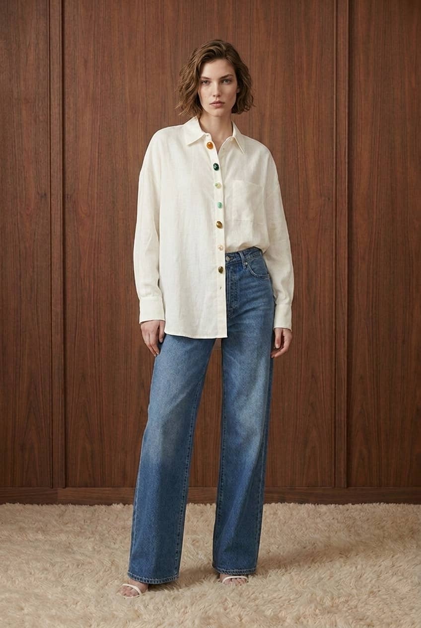 Oversized Novelty-Button Woven Shirt