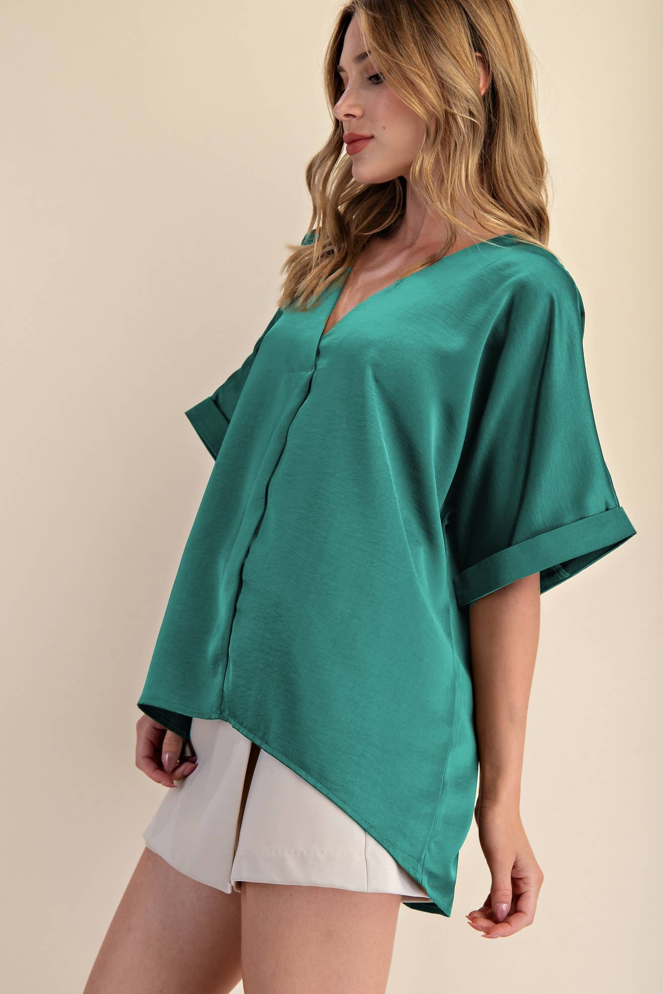 Pull Over Satin Blouse V-neck High Low