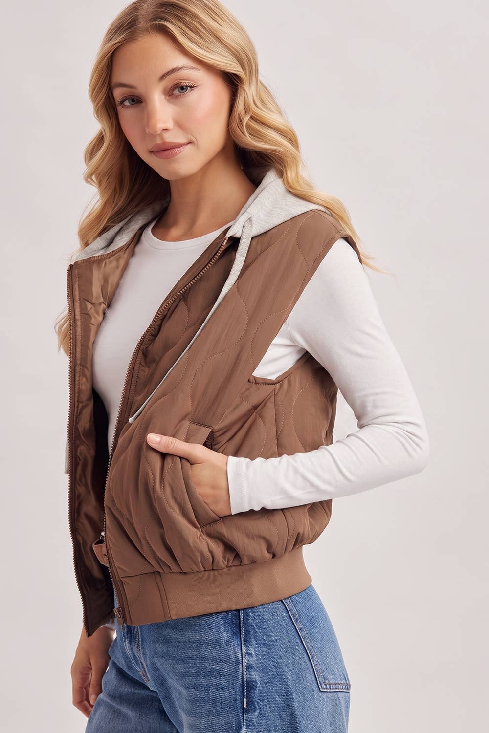 ZIPPER FRONT QUILTED PUFFER VEST CONTRAST HOODIE VEST