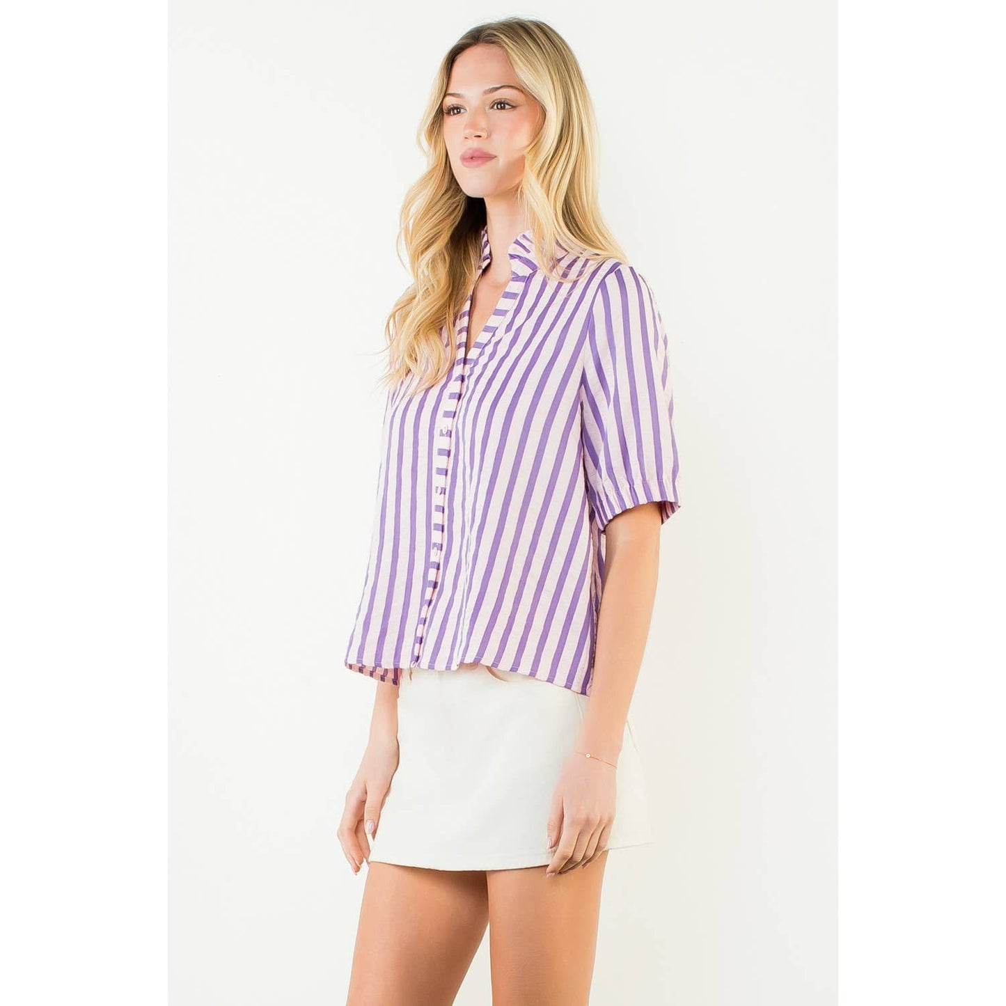 Short Sleeve Striped Button Down Top