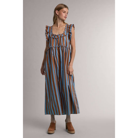 STRIPED RUFFLE DETAIL MIDI DRESS / WL25-12463