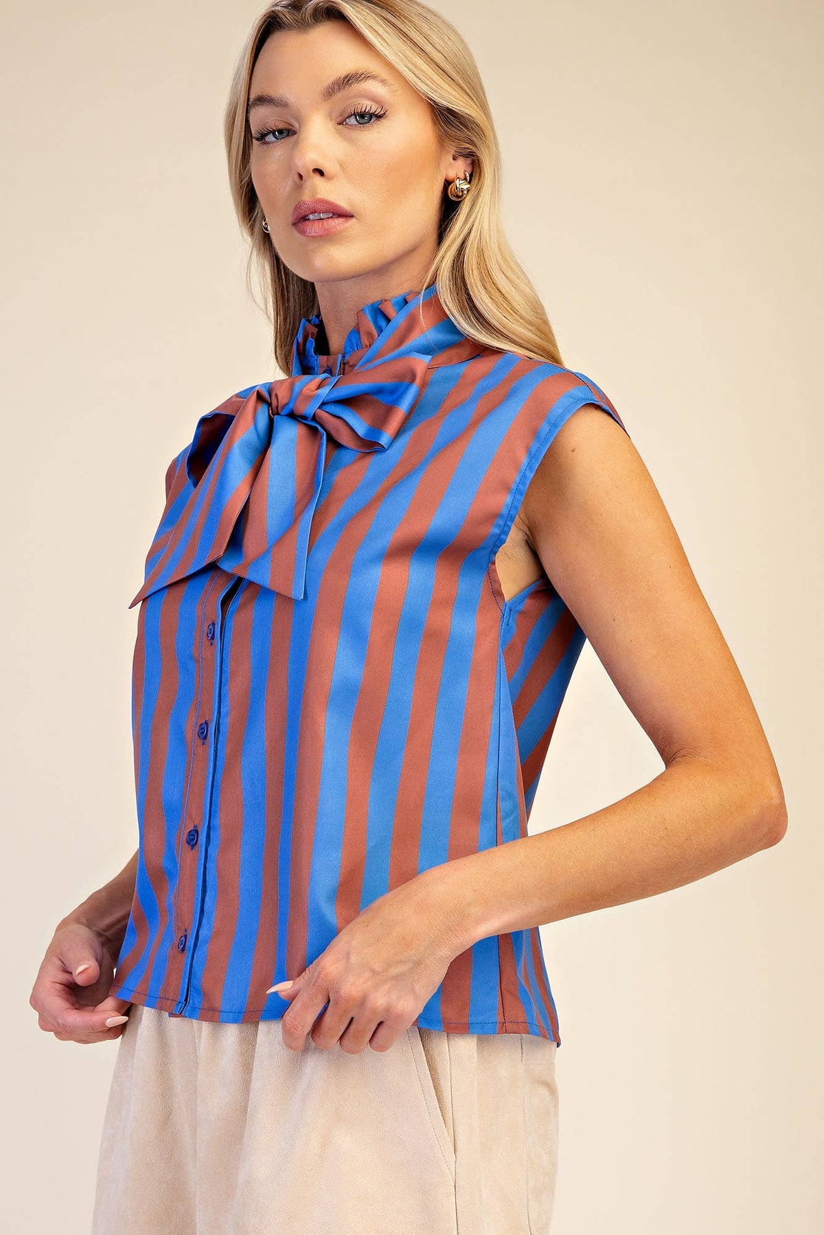 Bow Neck Sleeveless Stripe Shirt