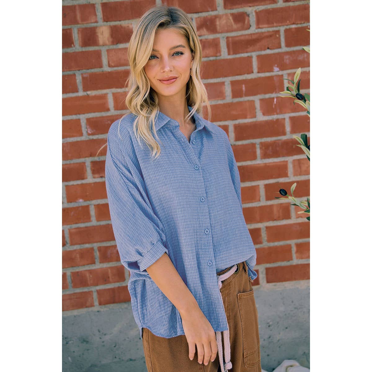 DENIM BLUE GAUZE OVERSIZED BUTTON DOWN SHIRT