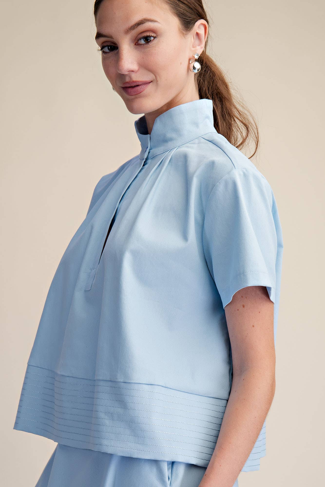 Stand Collar Short Sleeve Stitch Detail Shirt