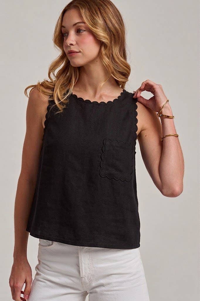 GAME DAY COLOR DENIM SLEEVELESS TOP WITH SCALLOPED EDGE