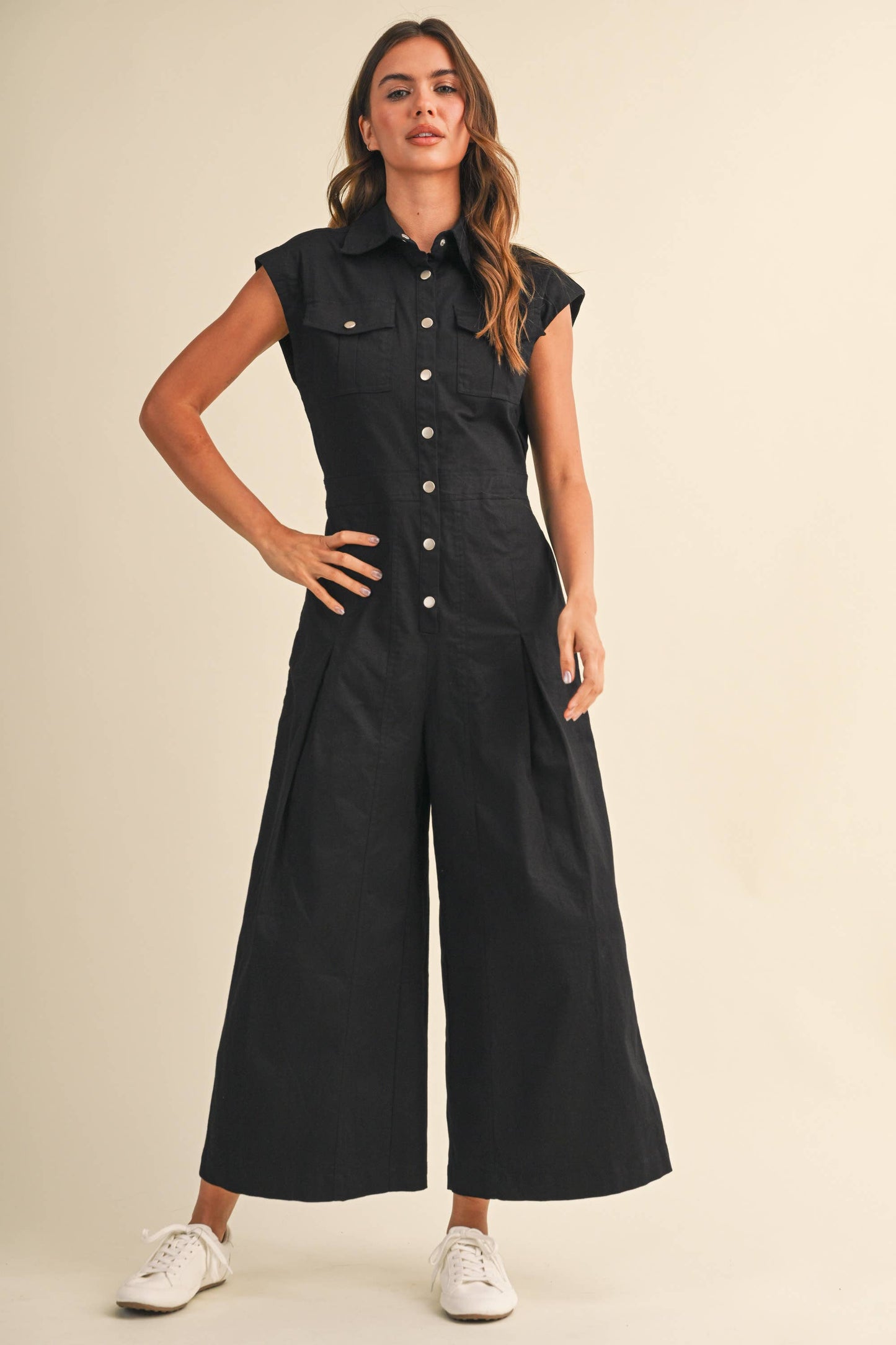 IJP3398 STRETCH COTTON TWILL WIDE LEG CROPPED JUMPSUIT
