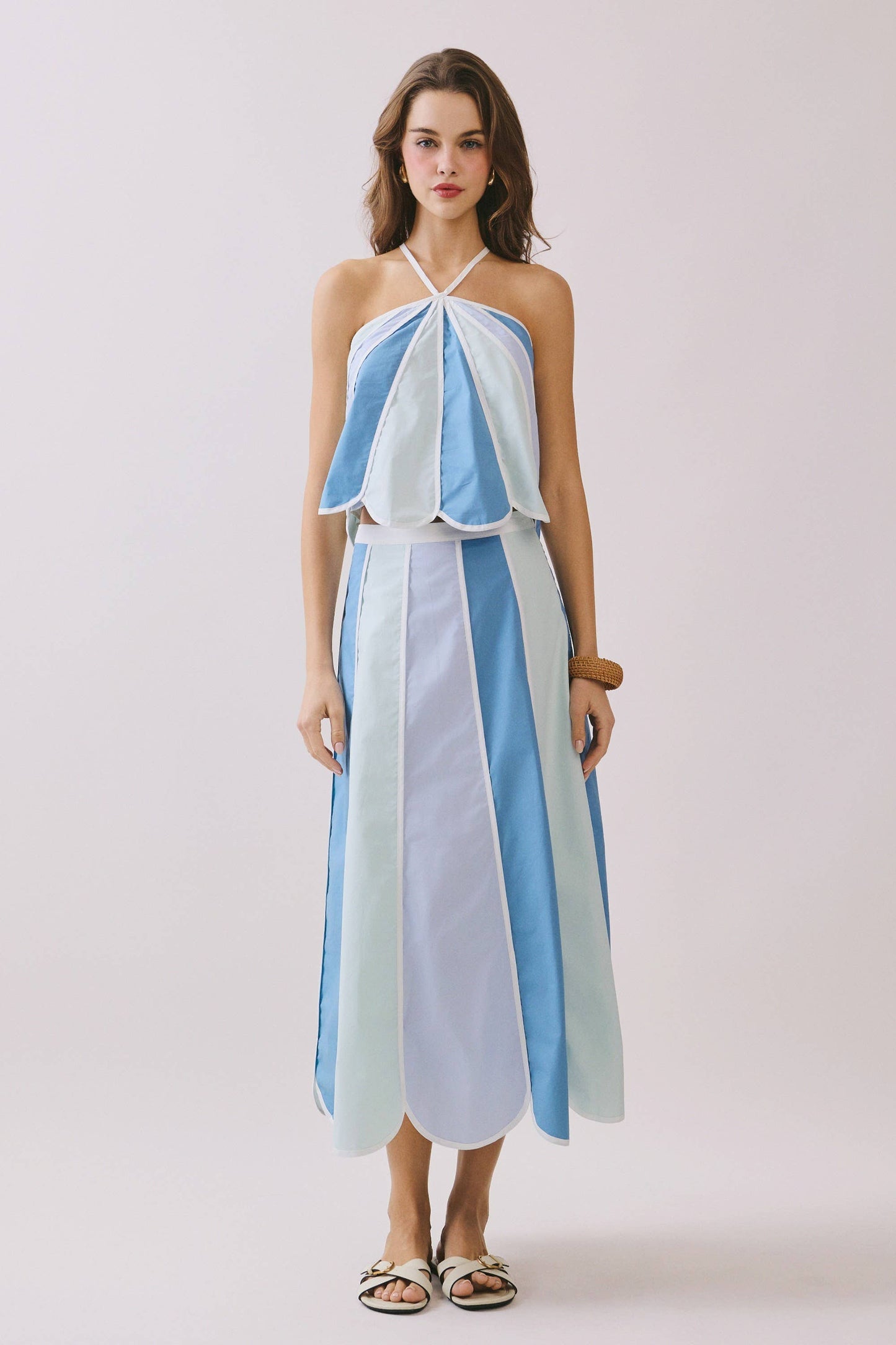 CS3960-Color Block Paneled Design A Line Midi Skirt