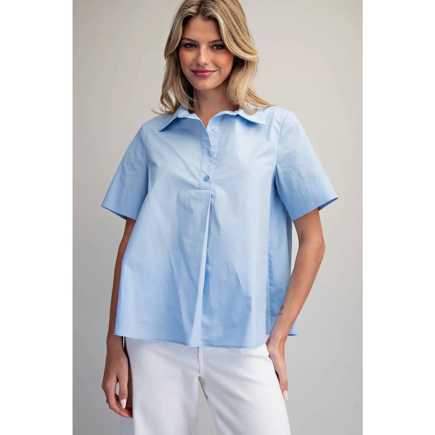 NEW Solid Collared Short Sleeve Blouse