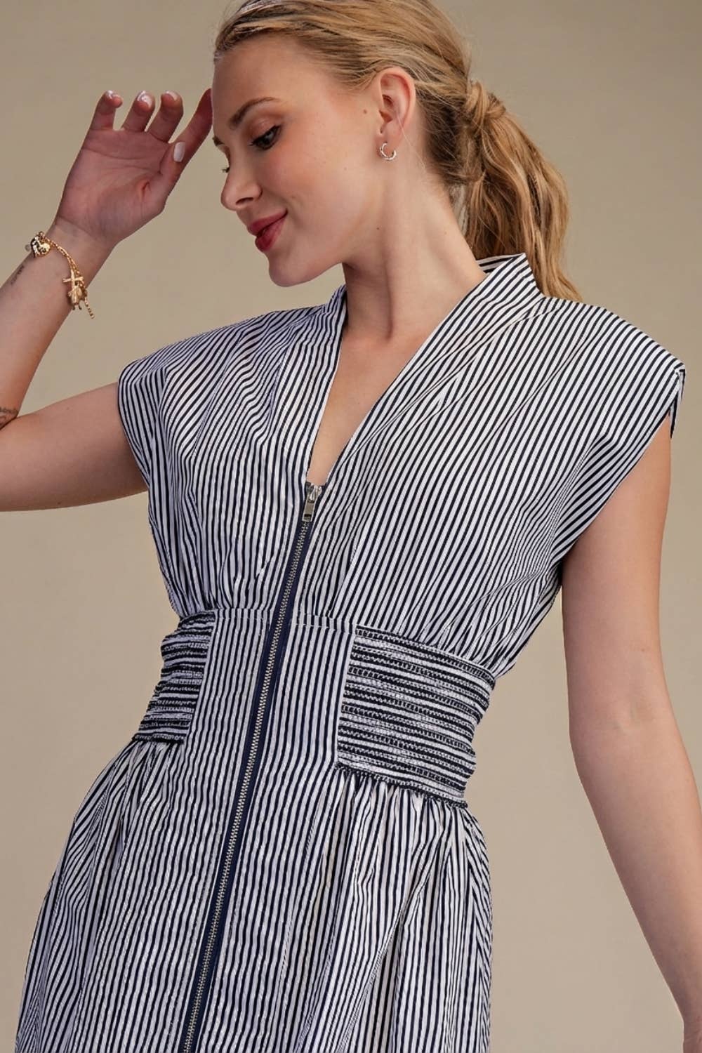 V-Neck Front Zip Waist Smocked Casual Midi Dress