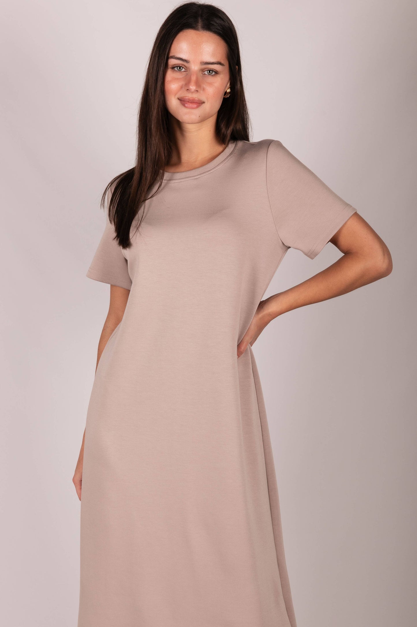 P. CILL Butter Modal Short Sleeve Contrast Rib Neckband Midi