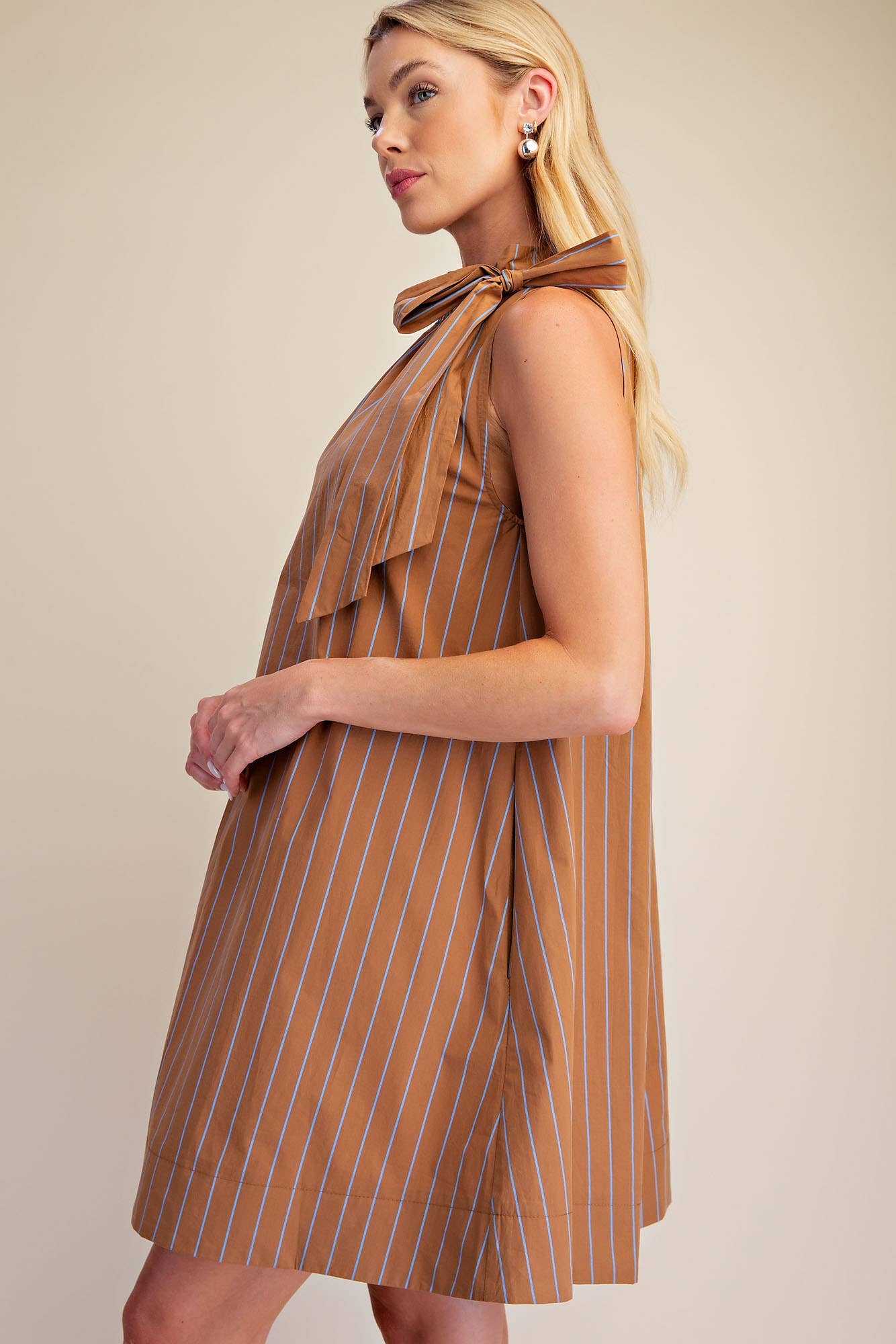 Stripe Mini Dress Ruffle Neck Adjustable Tie Sleeveless