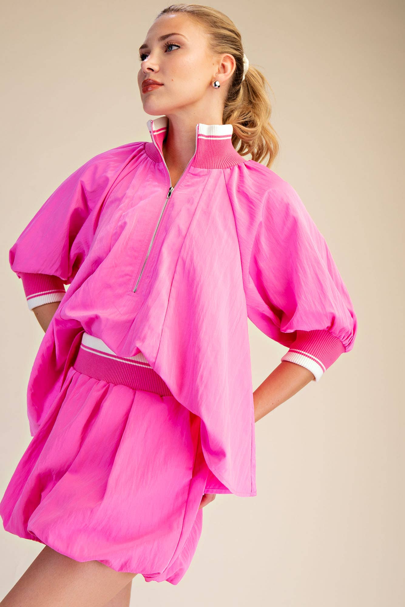 Mock Neck Band Puff Sleeve Blouse