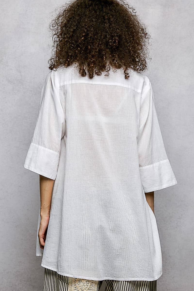 1/2 Sleeve Collared Embroidered Cotton Shirt Woven Top