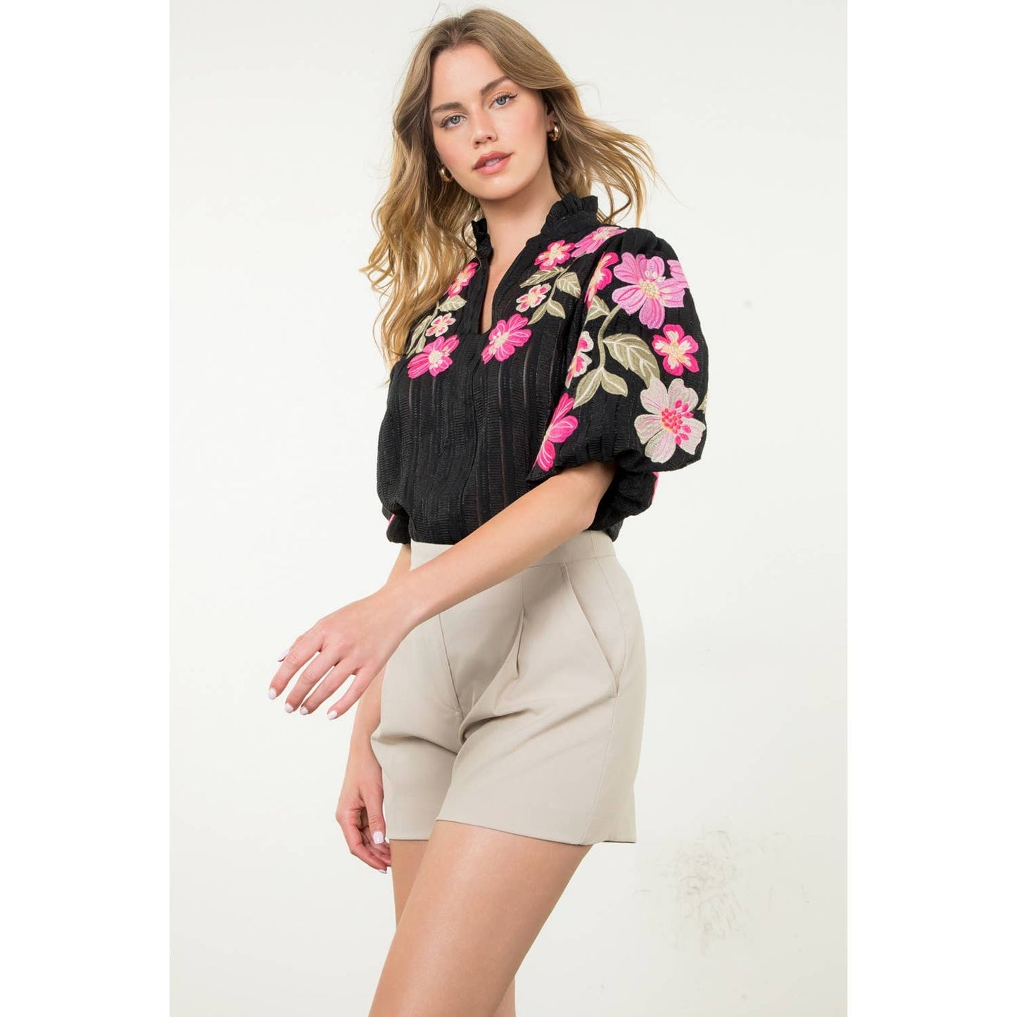 Embroidered Puff Sleeve Textured Top