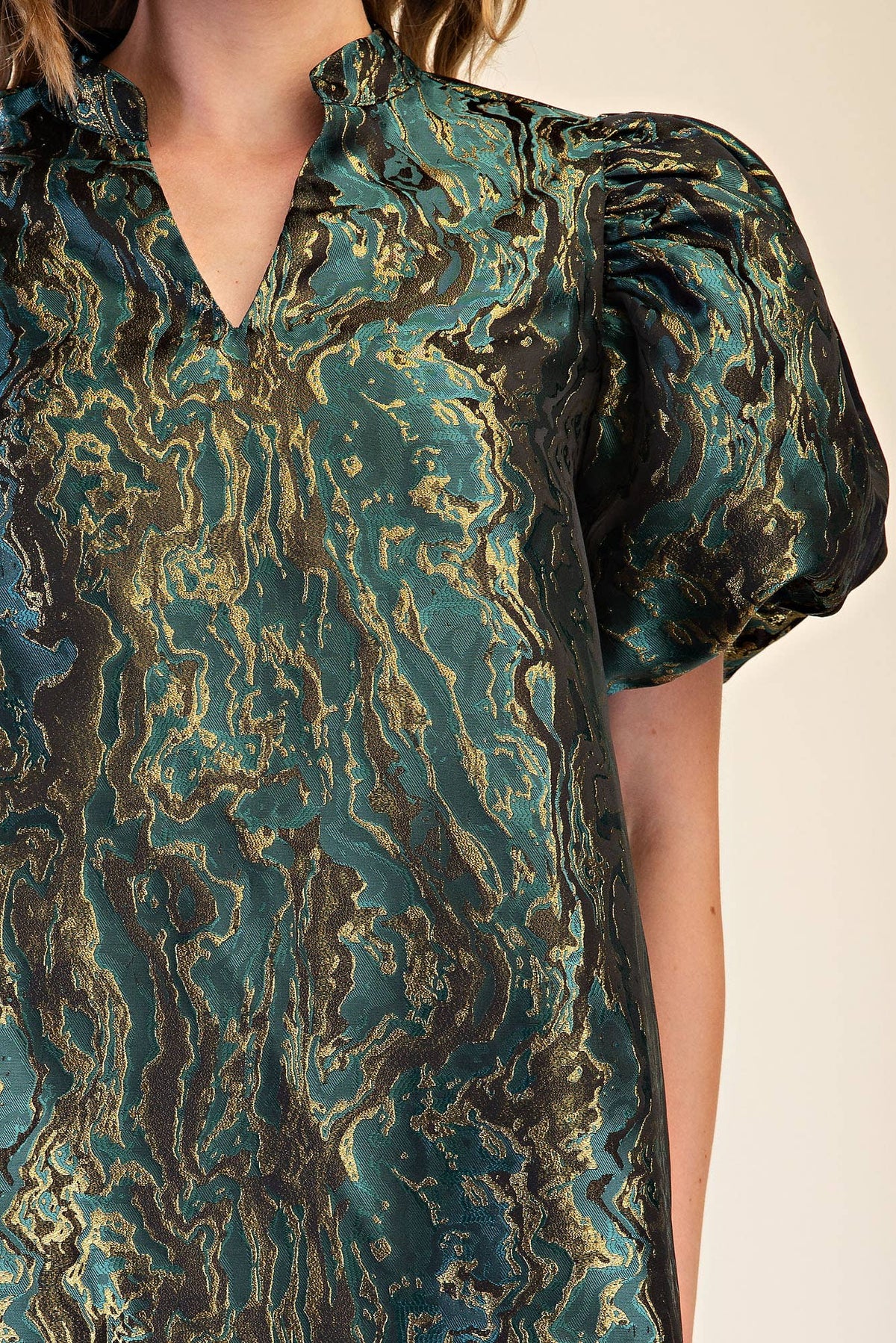 Metallic Jacquard Puff Sleeve Mini Holiday Dress