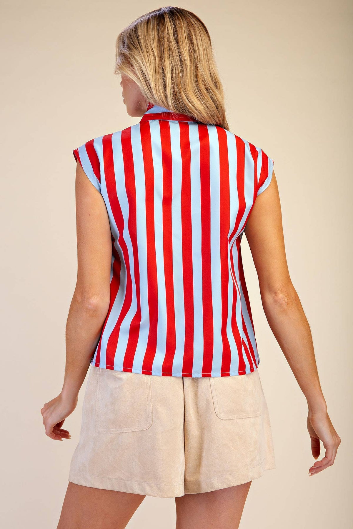 Bow Neck Sleeveless Stripe Shirt