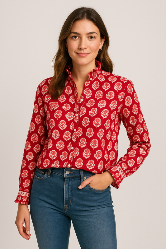 Pink & Red Small Floral Block Print Cotton Blouse