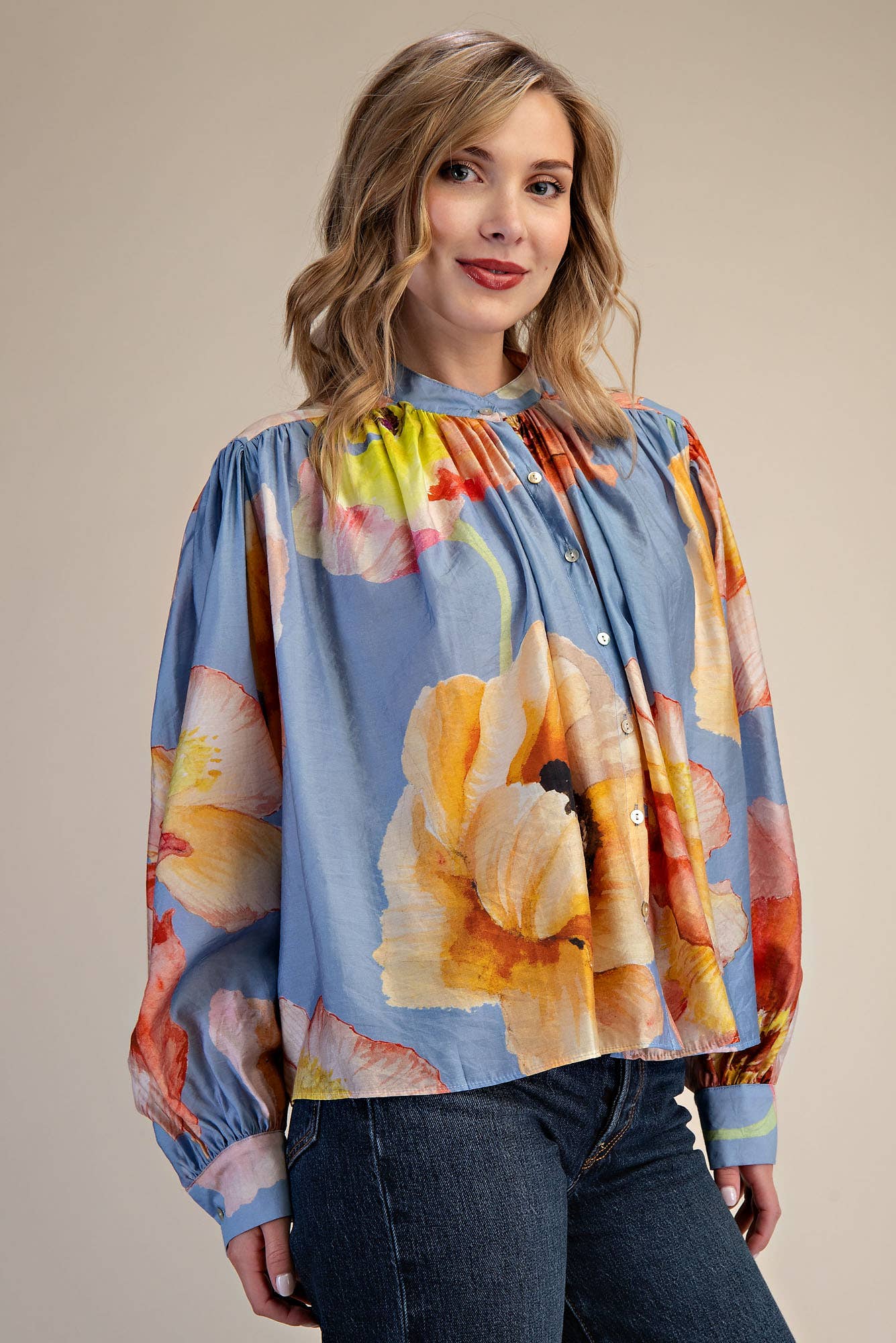 Neck Band Long Sleeve Voluminous Blouse