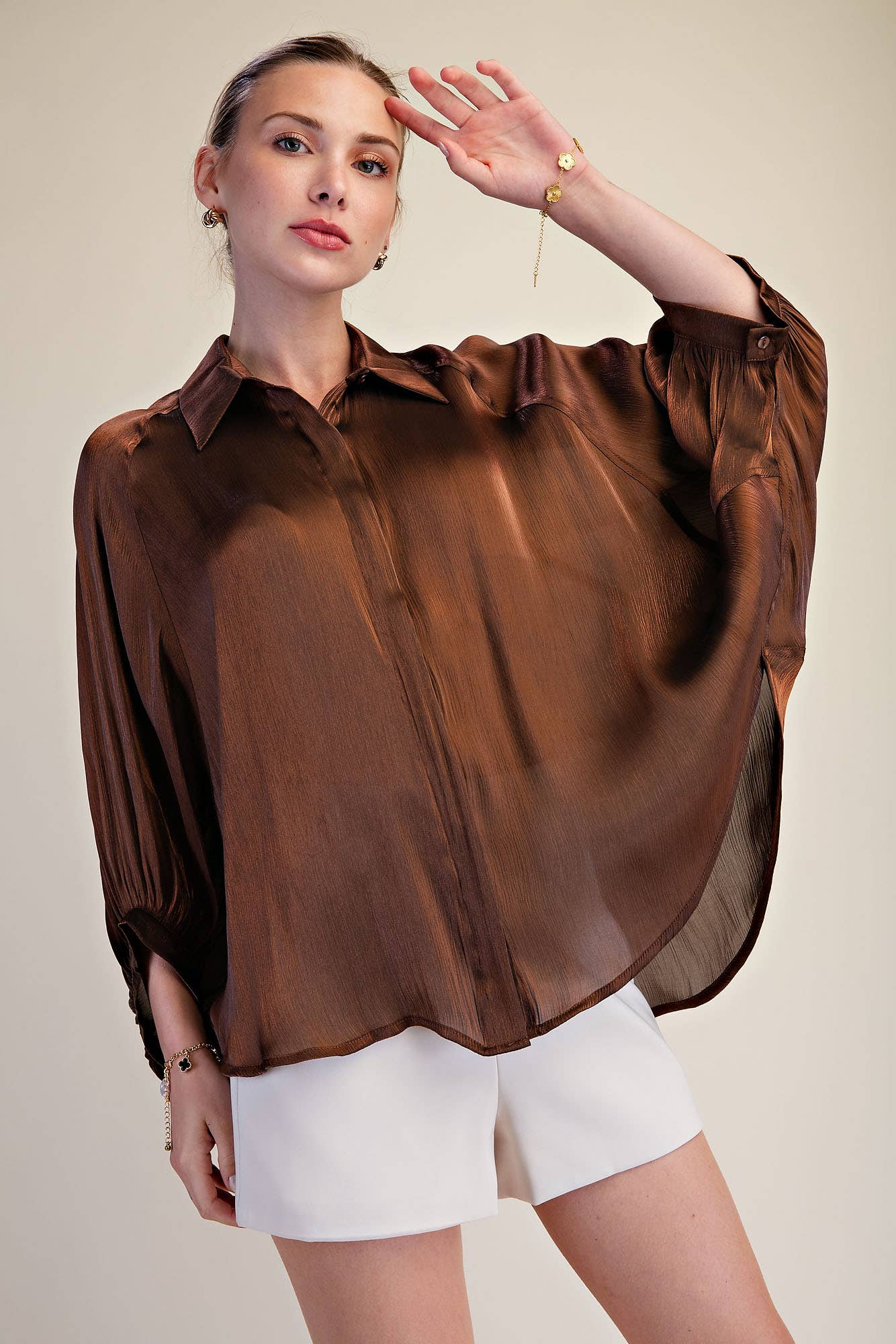Metallic Oversized Button Down Long Sleeve Shirt Blouse